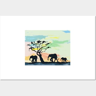 Elephants silhouette Posters and Art